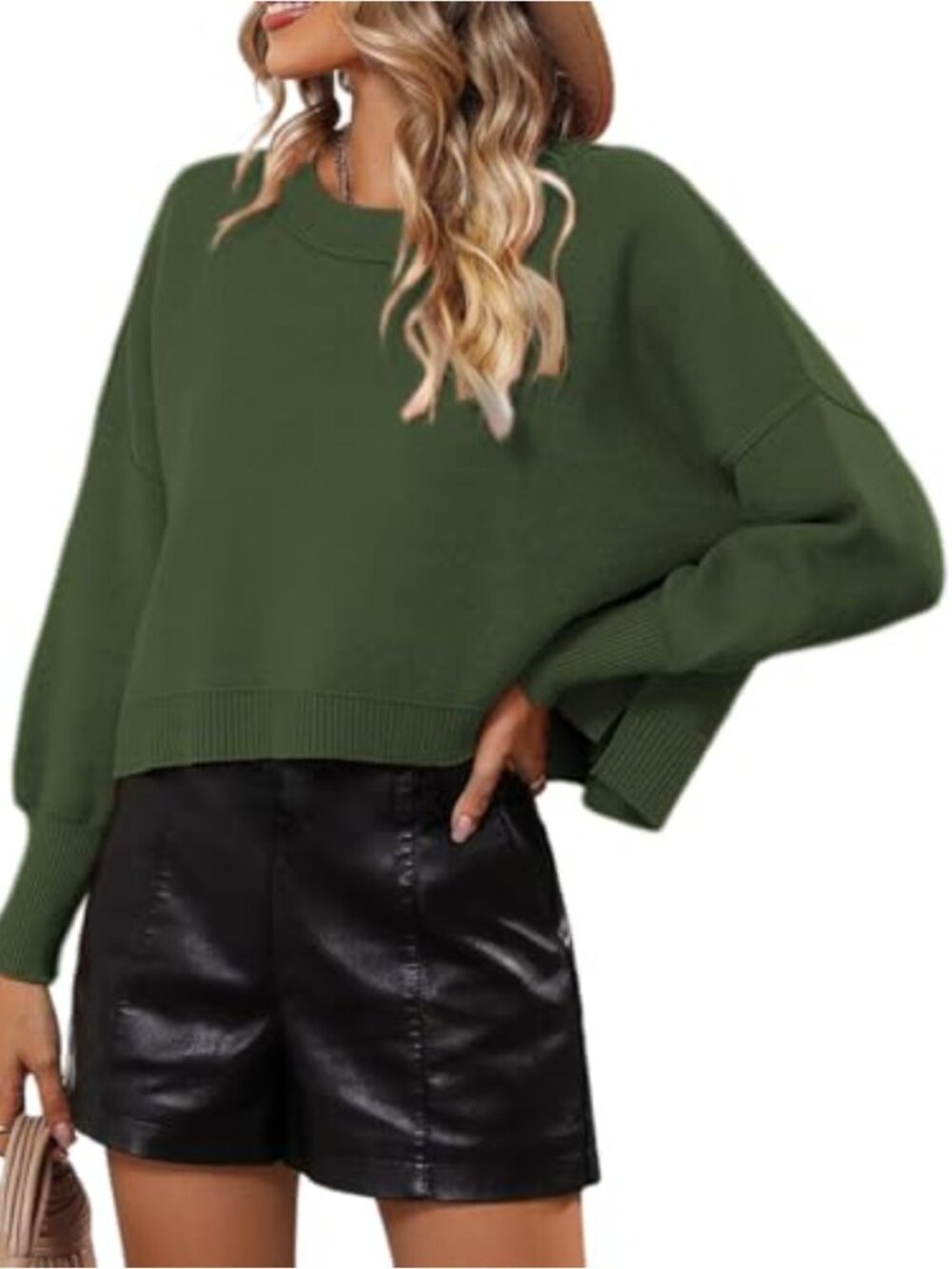 Womens Cropped Knit Sweater Long Sleeve Crewneck Pullover